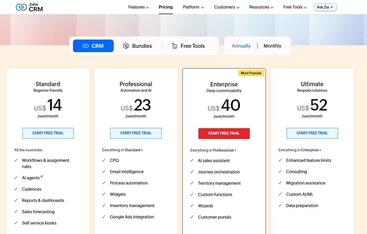 Zoho CRM Pricing